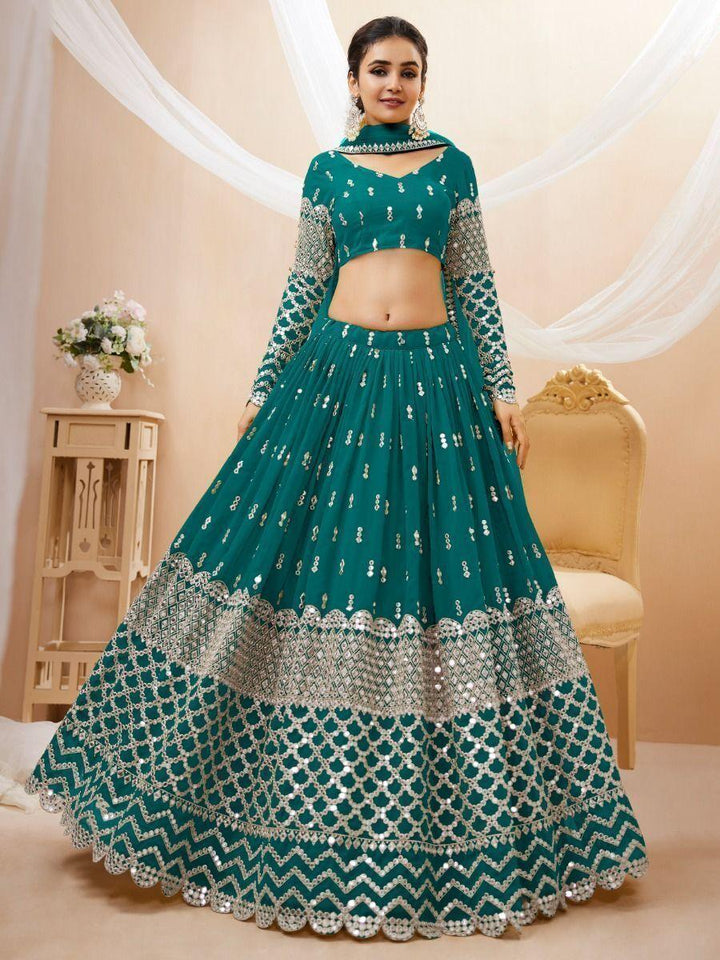 Teal Blue Sequins Georgette Lehenga Choli With Net Dupatta