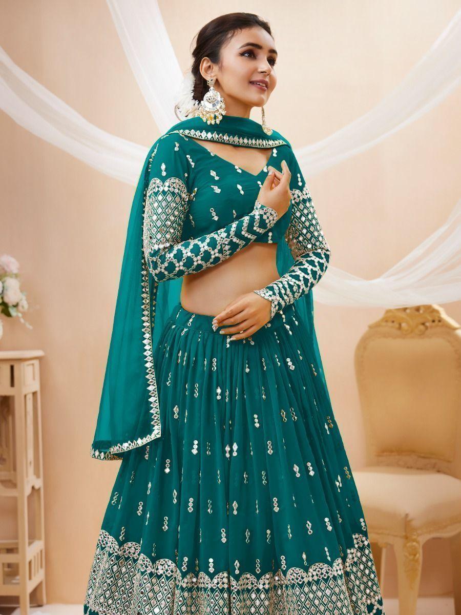 Teal Blue Sequins Georgette Lehenga Choli With Net Dupatta