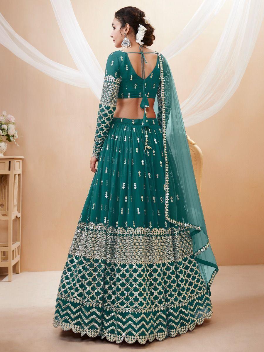 Teal Blue Sequins Georgette Lehenga Choli With Net Dupatta