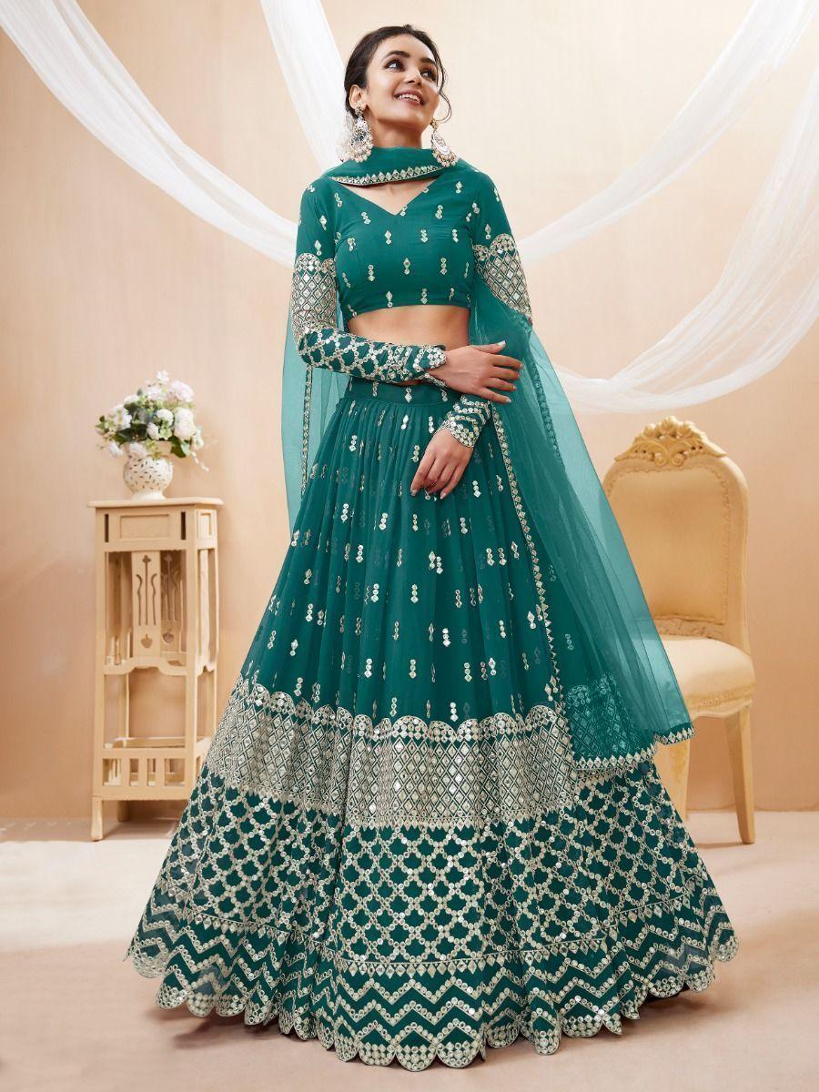 Teal Blue Sequins Georgette Lehenga Choli With Net Dupatta