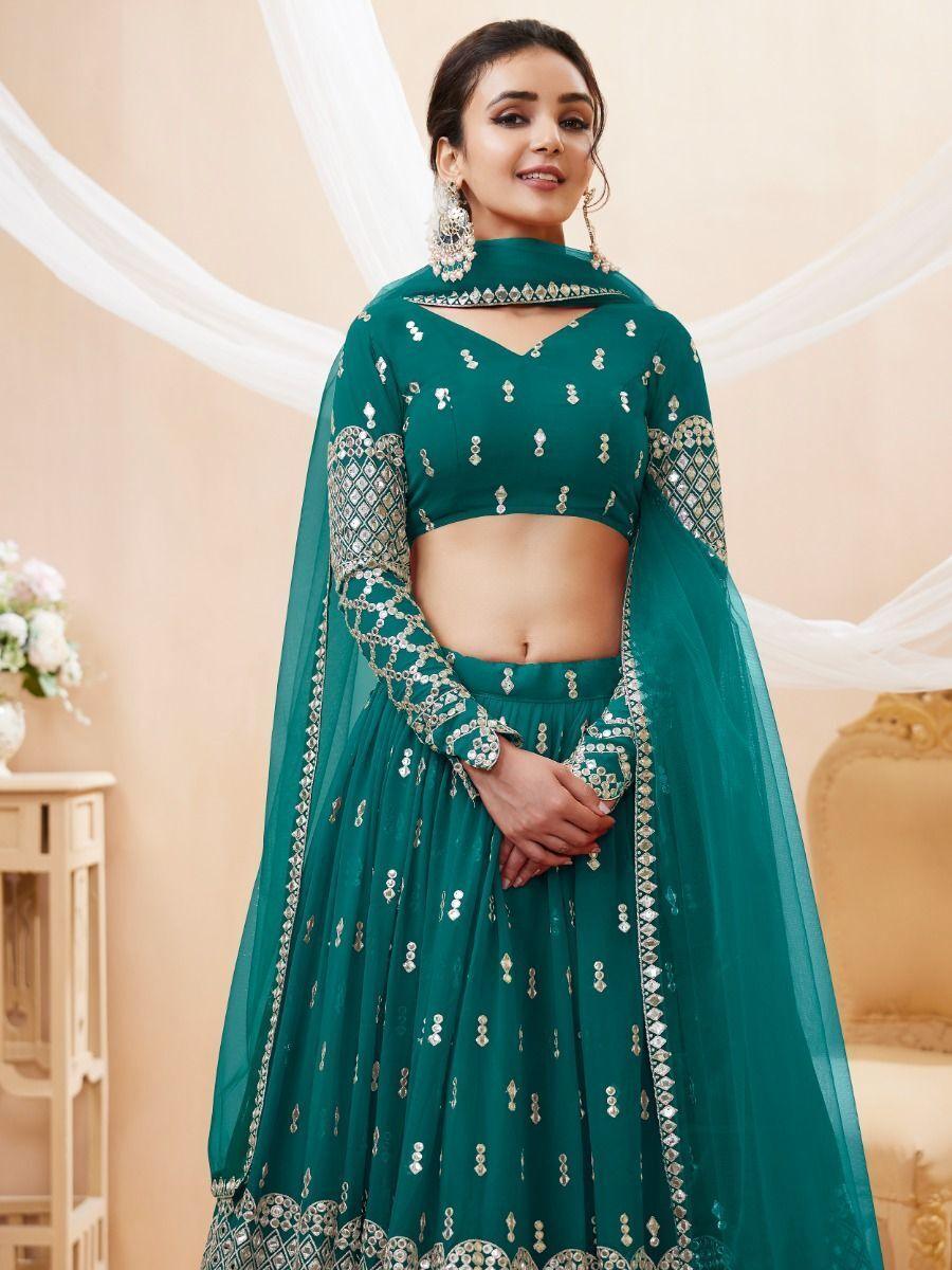 Teal Blue Sequins Georgette Lehenga Choli With Net Dupatta