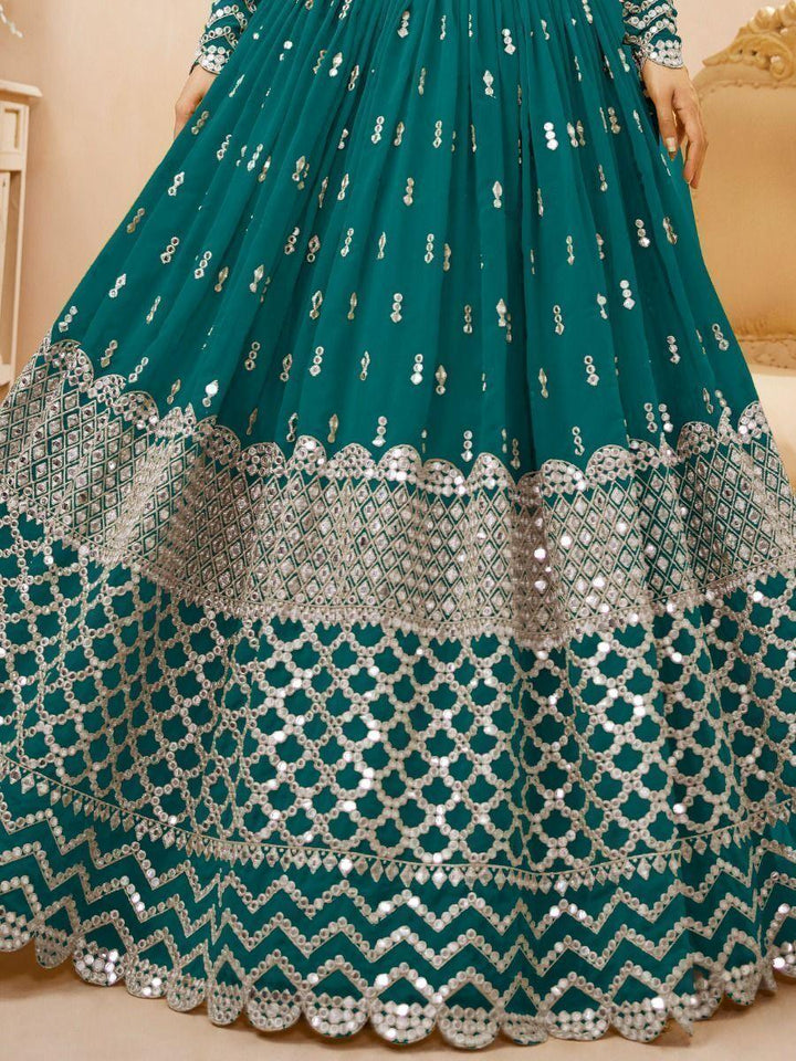Teal Blue Sequins Georgette Lehenga Choli With Net Dupatta