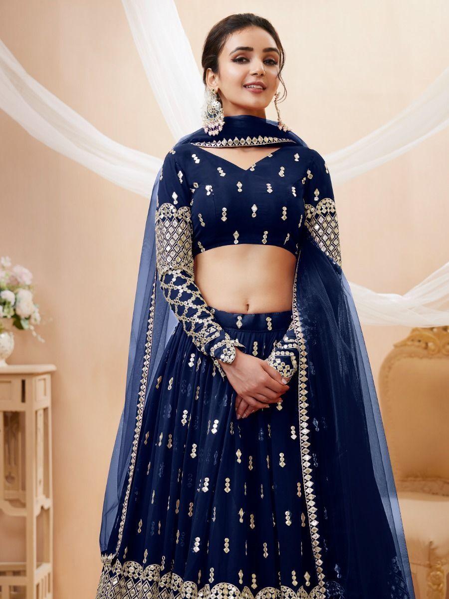 Navy Blue Sequins Georgette Wedding Wear Lehenga Choli
