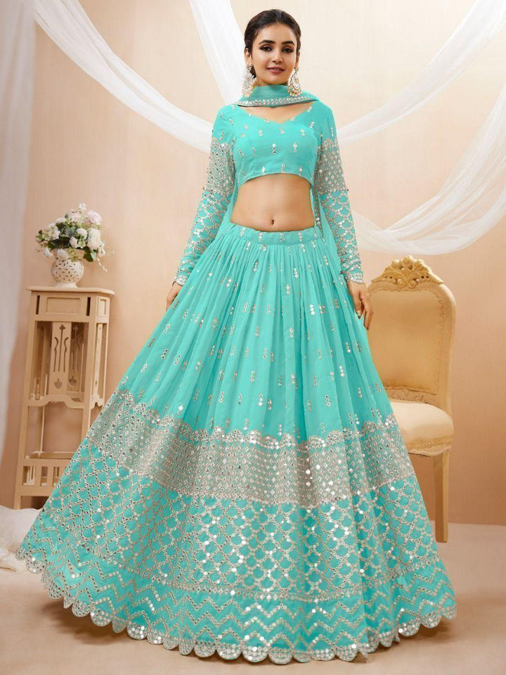 Sky Blue Sequins Georgette Engagement Wear Lehenga Choli