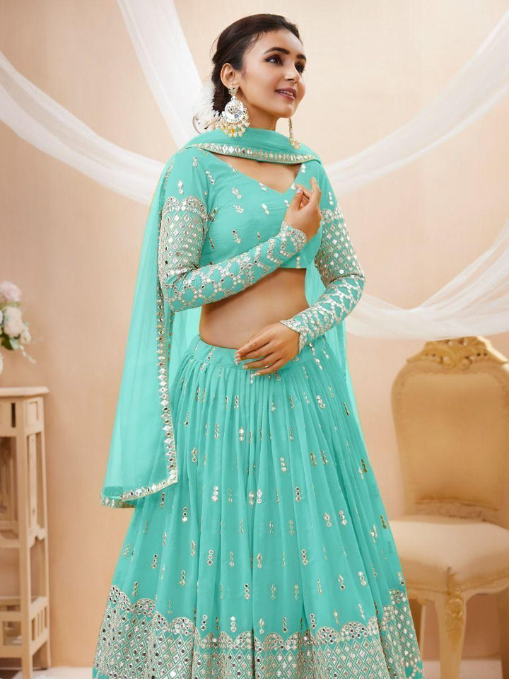Sky Blue Sequins Georgette Engagement Wear Lehenga Choli