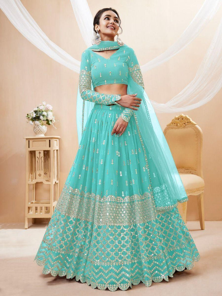 Sky Blue Sequins Georgette Engagement Wear Lehenga Choli