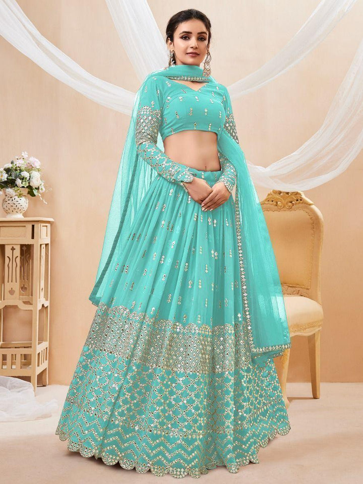 Sky Blue Sequins Georgette Engagement Wear Lehenga Choli