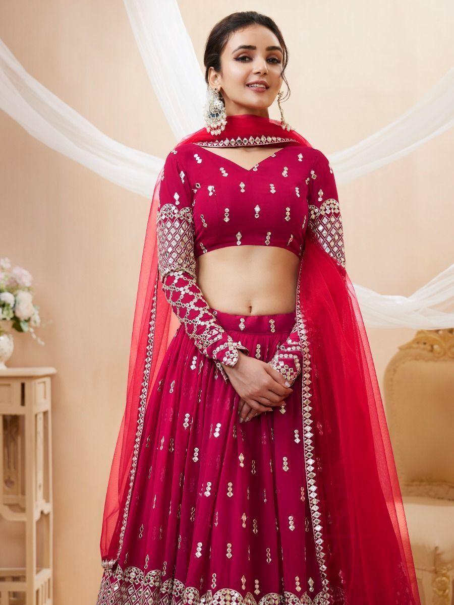 Hot Pink Sequins Georgette Wedding Wear Lehenga Choli