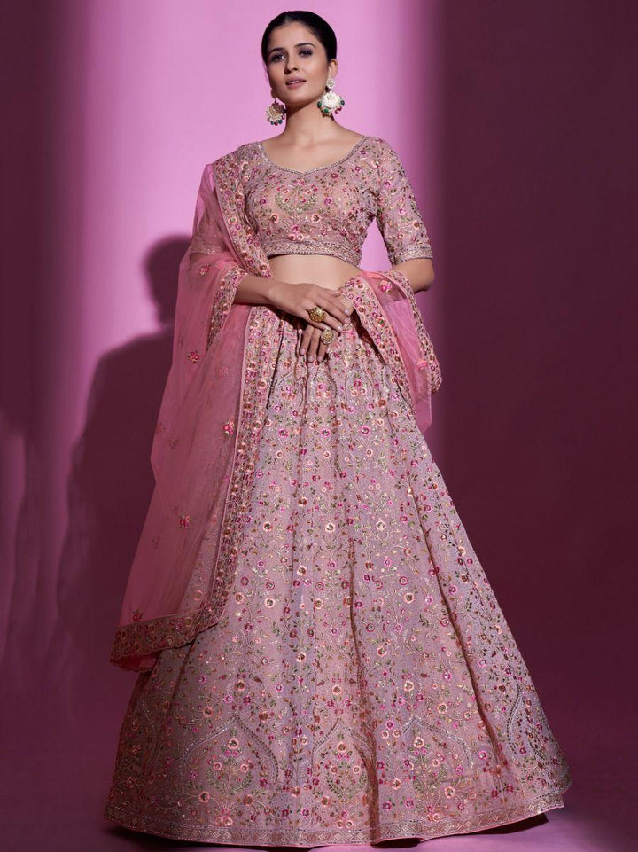 Peach Embroidered Georgette Wedding Wear Lehenga Choli