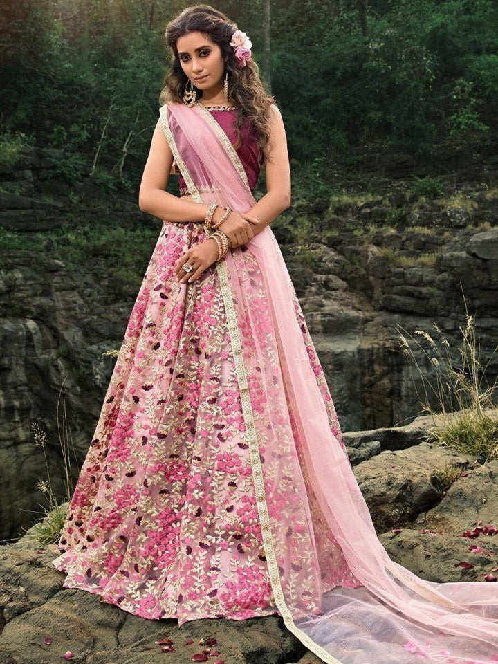 Pink Thread Embroidered Work Net Wedding Wear Lehenga Choli