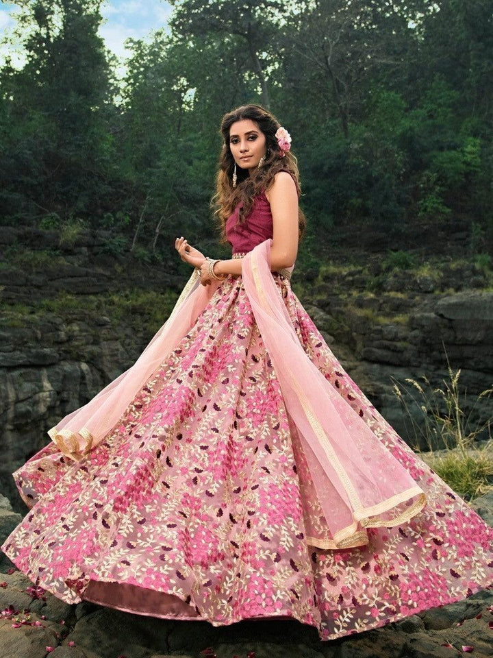 Pink Thread Embroidered Work Net Wedding Wear Lehenga Choli