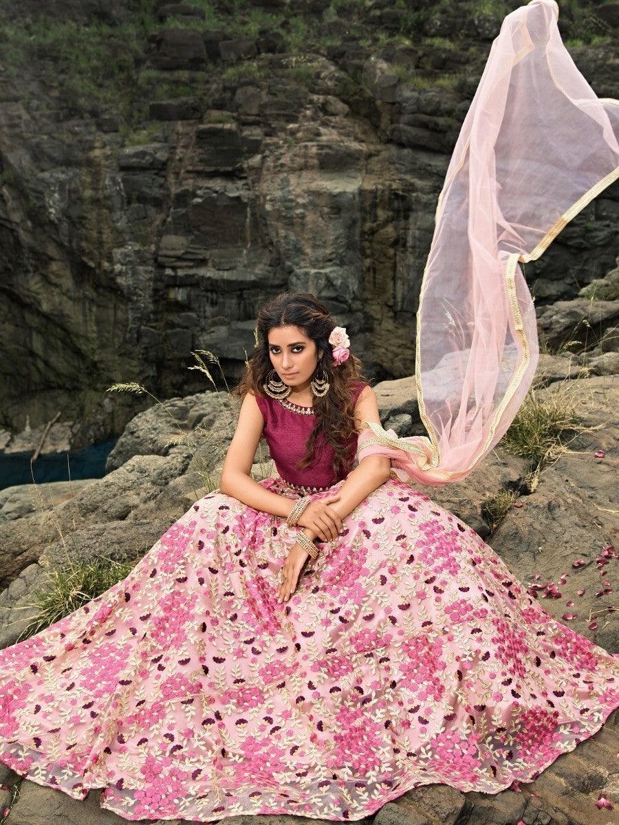 Pink Thread Embroidered Work Net Wedding Wear Lehenga Choli