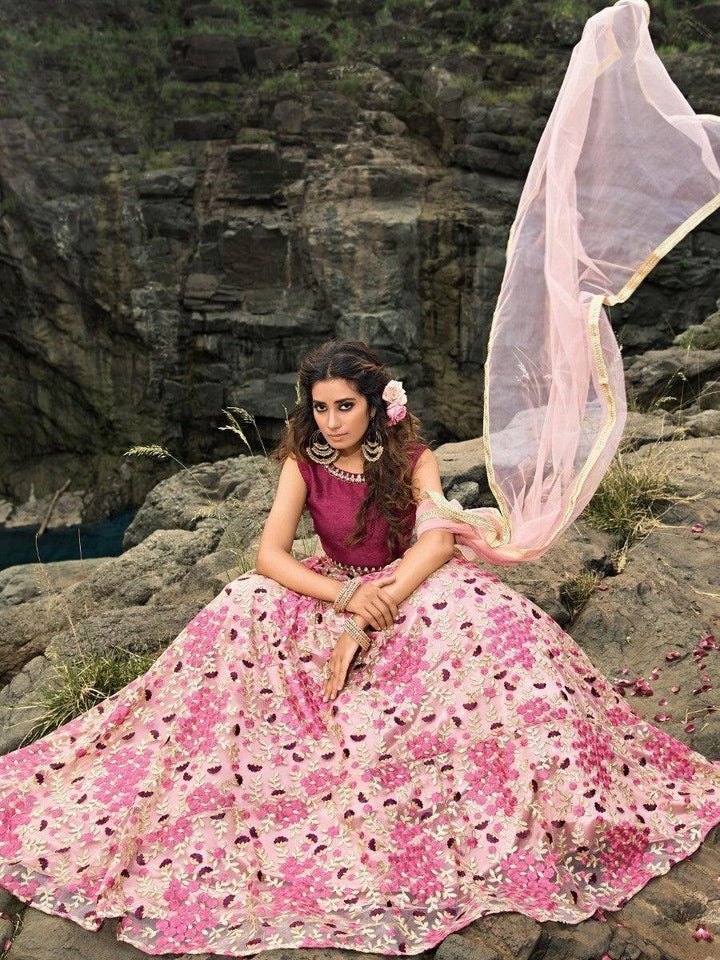 Pink Thread Embroidered Work Net Wedding Wear Lehenga Choli