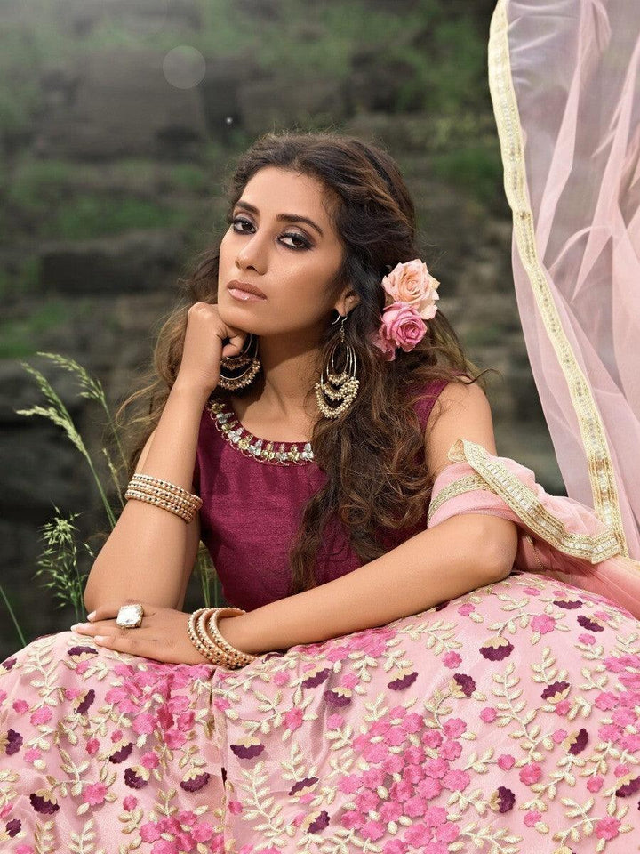 Pink Thread Embroidered Work Net Wedding Wear Lehenga Choli