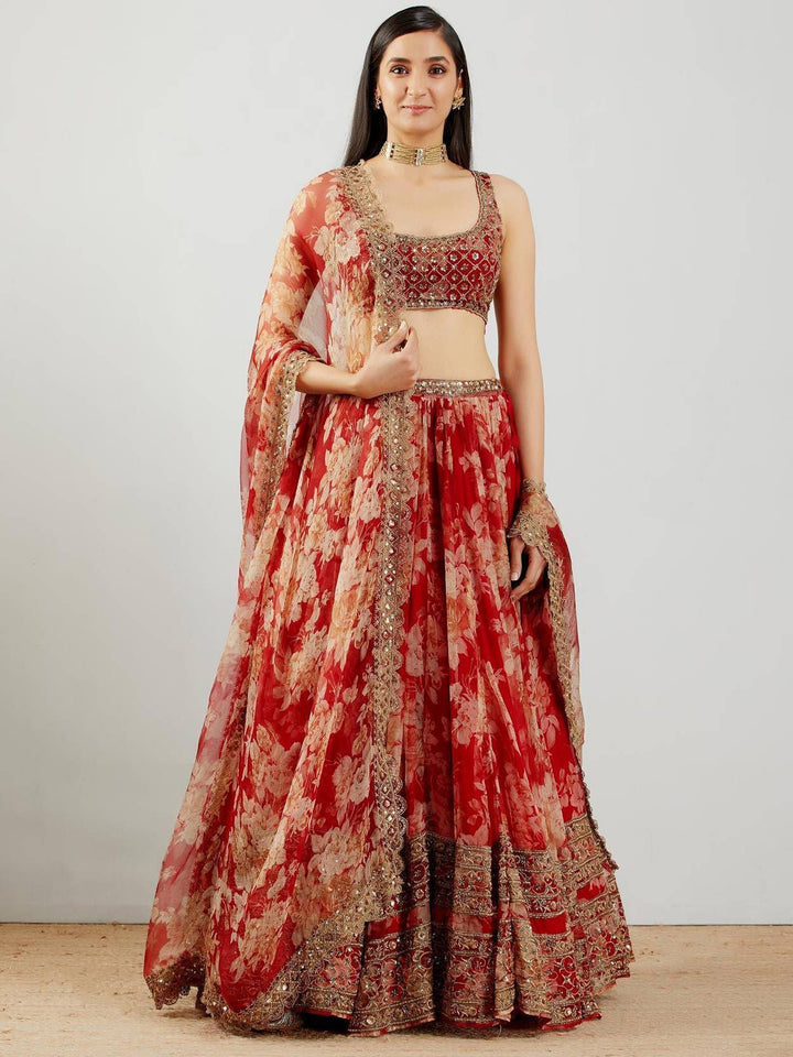 Lovely Red Floral Printed Organza Wedding Lehenga Choli With Dupatta