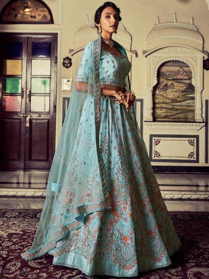 Alluring Turquoise Embroidered Georgette Wedding Lehenga Choli