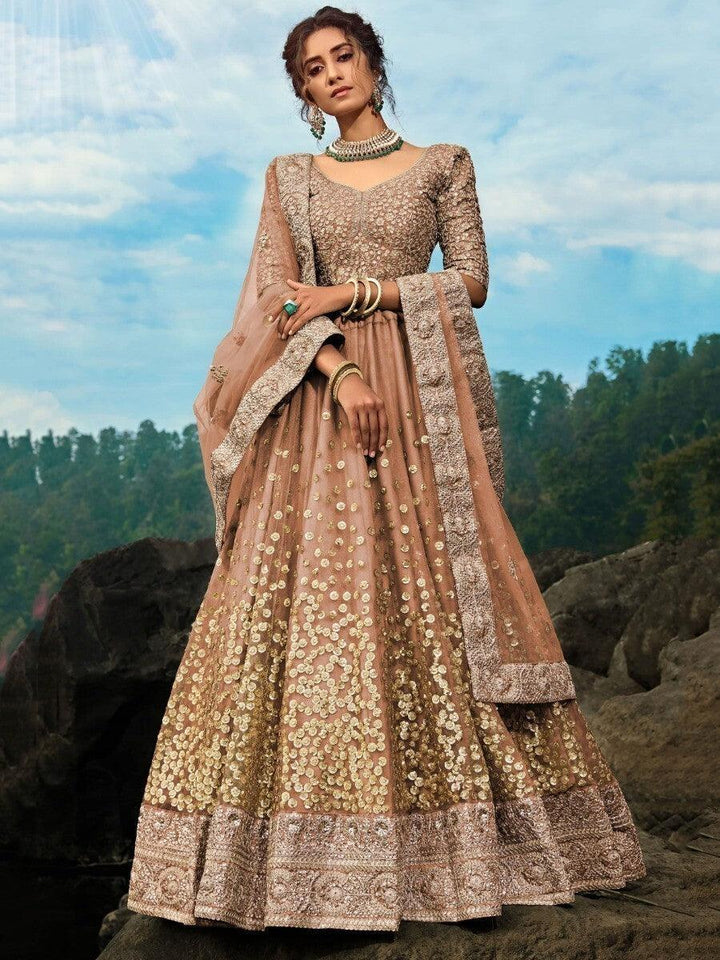 Brown Zari Worked Net Engagement Wear Lehenga Choli