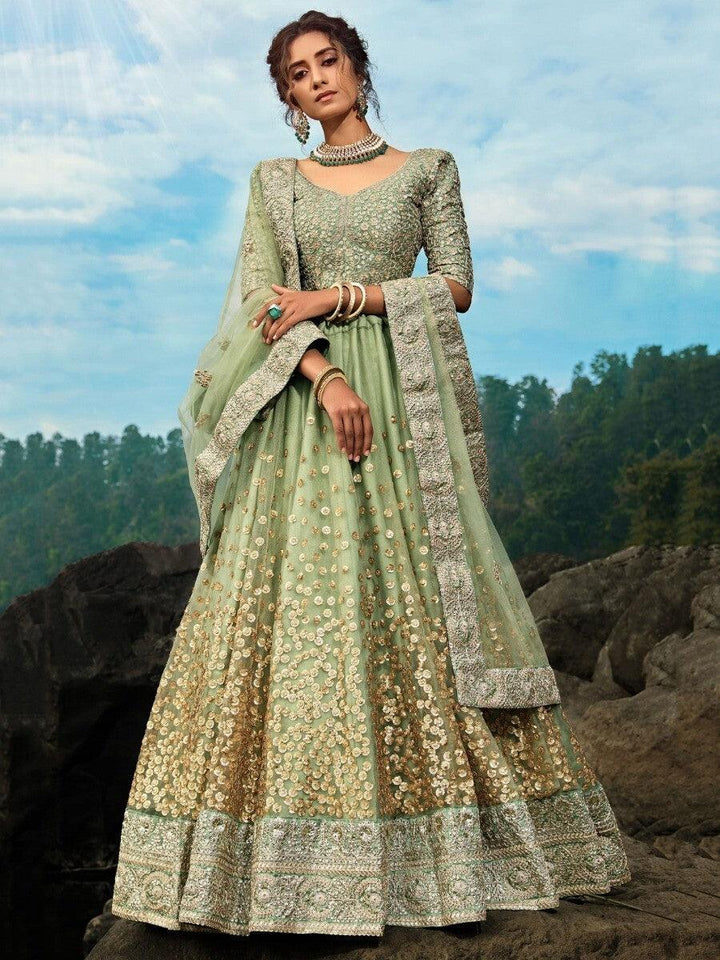 Green Sequins Net Reception Wear Lehenga Choli