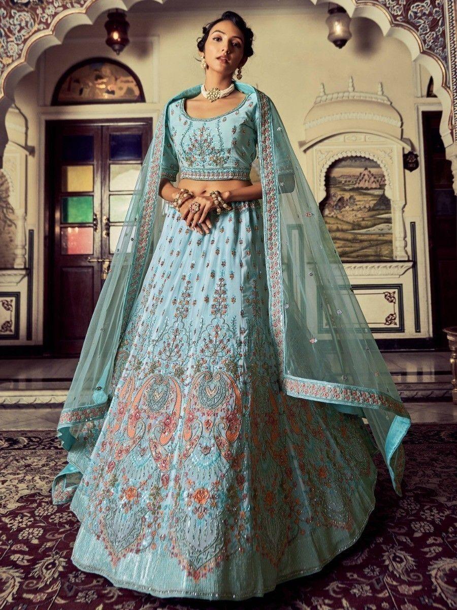 Alluring Turquoise Embroidered Georgette Wedding Lehenga Choli