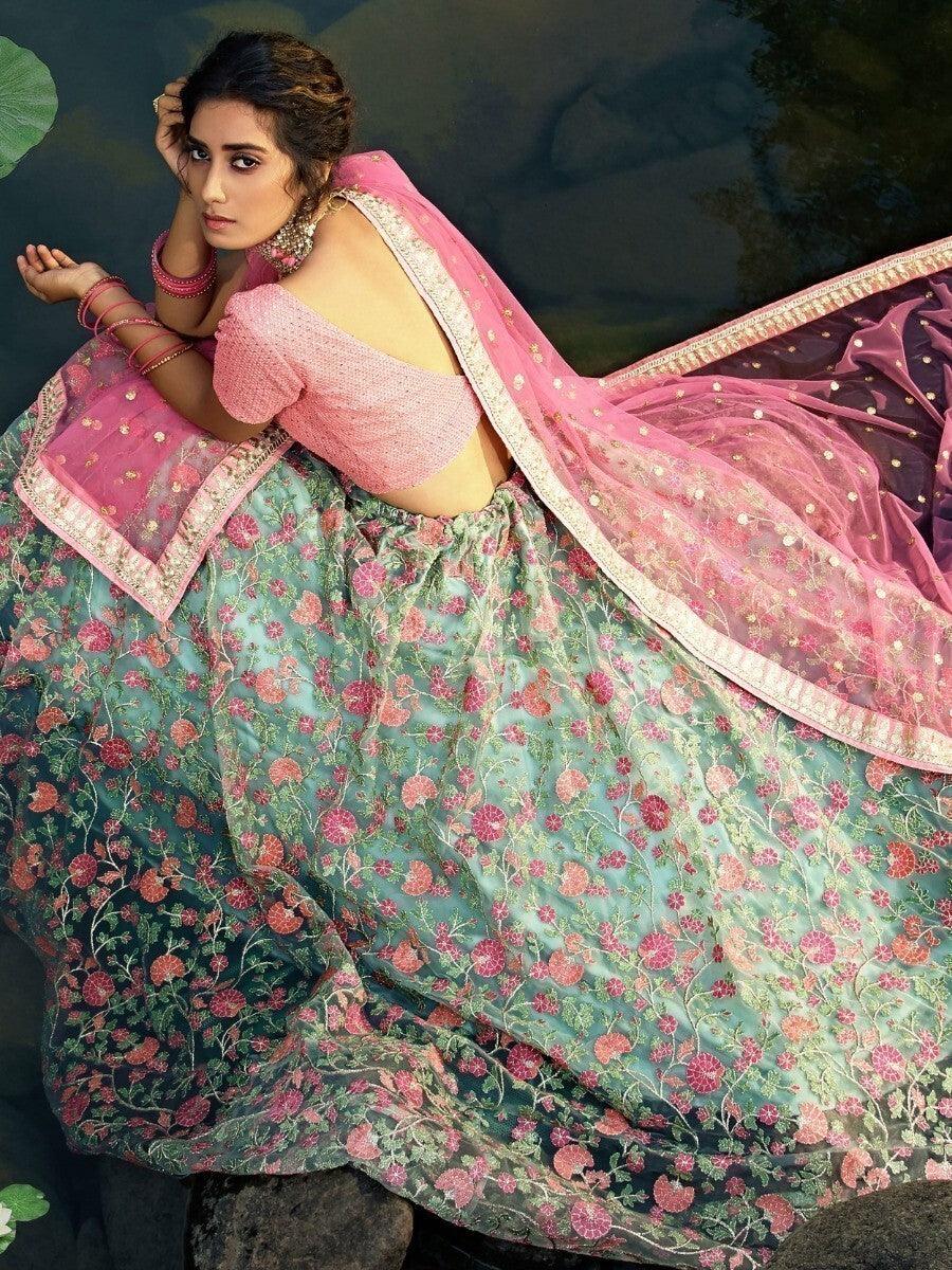 Green Floral Thread Embroidered Net Wedding Wear Lehenga Choli