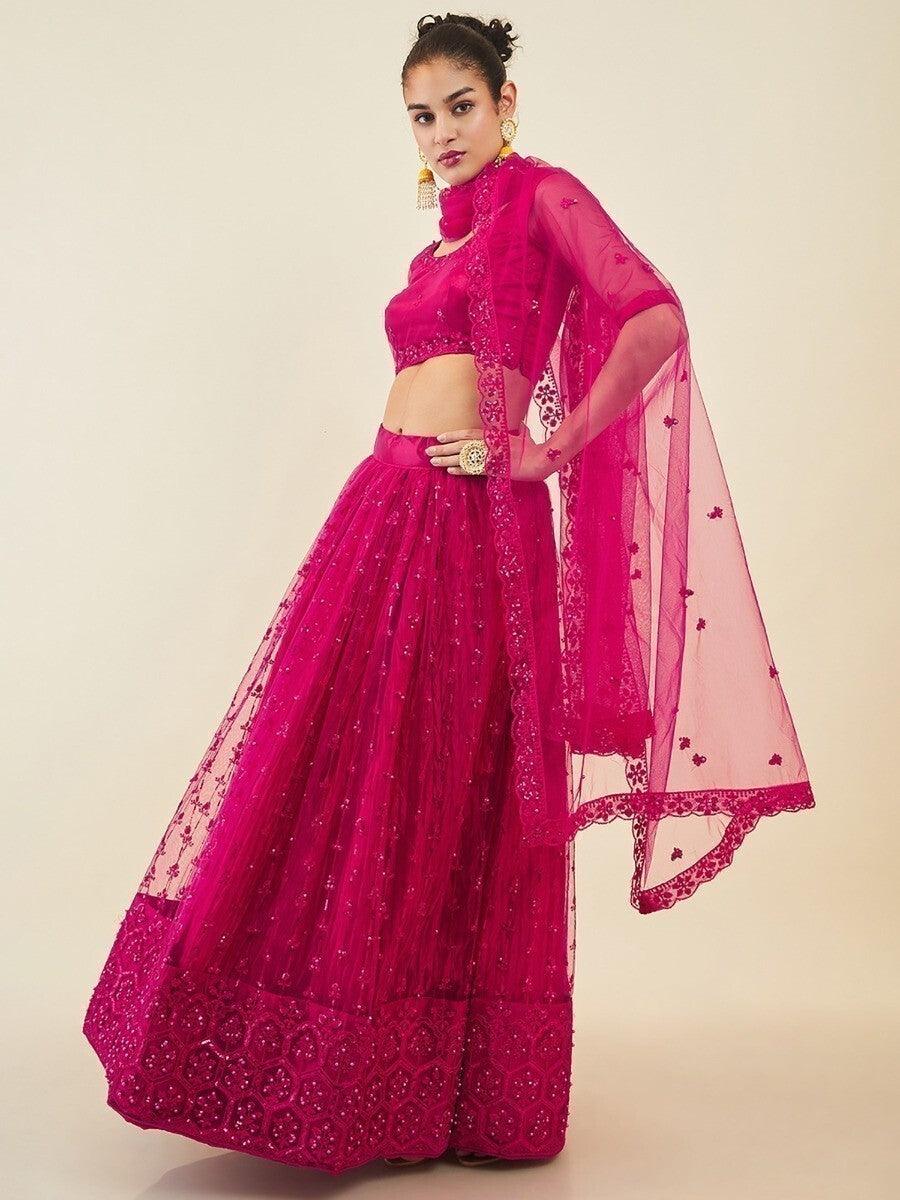 Pink Sequins Net Sangeet Wear Lehenga Choli With Dupatta
