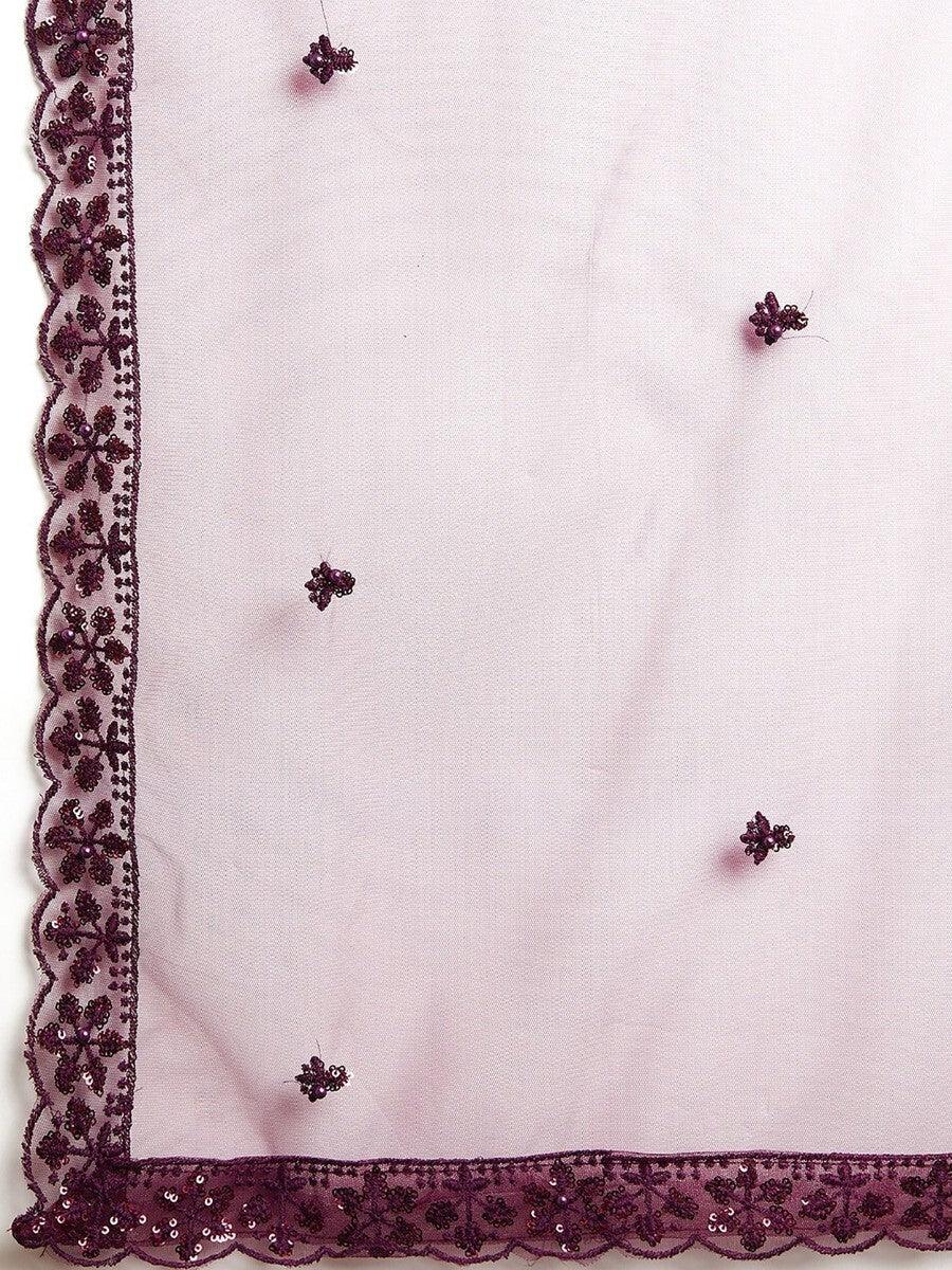 Wine Embroidered Net Wedding Wear Lehenga Choli With Dupatta