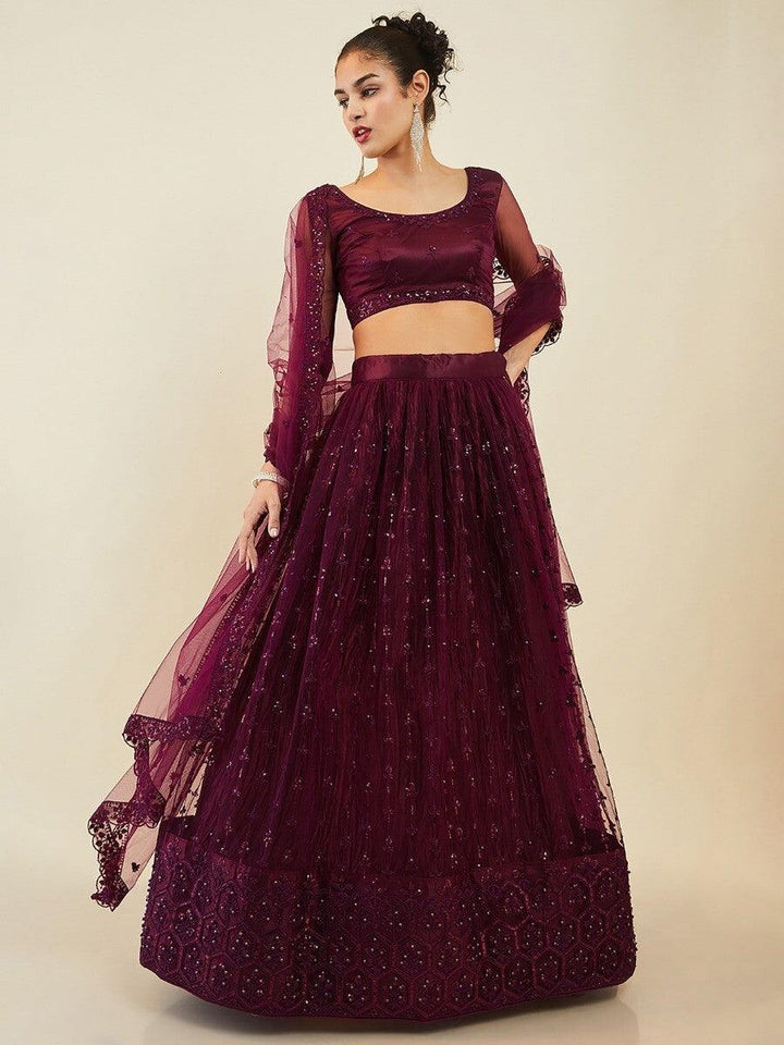 Wine Embroidered Net Wedding Wear Lehenga Choli With Dupatta