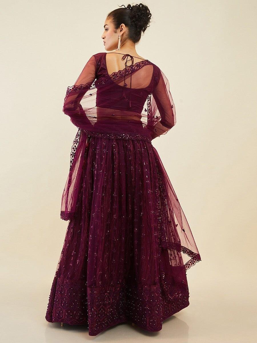 Stunning Wine Embroidered Net Wedding Wear Lehenga Choli With Dupatta