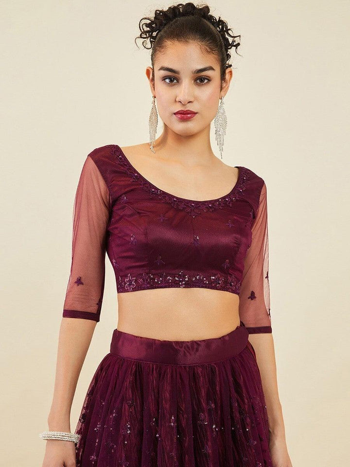 Stunning Wine Embroidered Net Wedding Wear Lehenga Choli With Dupatta