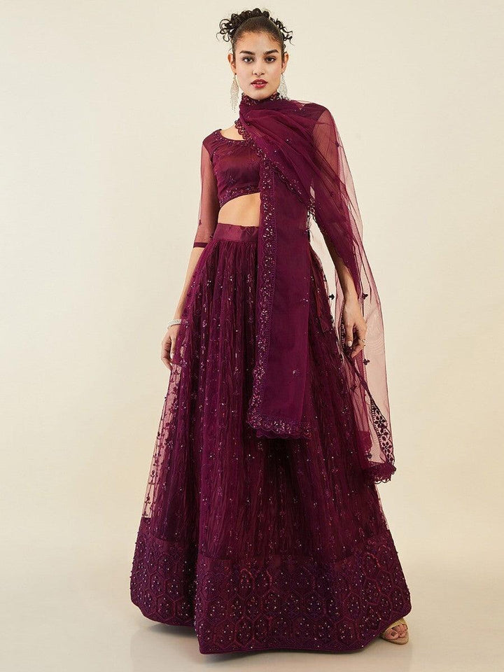 Stunning Wine Embroidered Net Wedding Wear Lehenga Choli With Dupatta