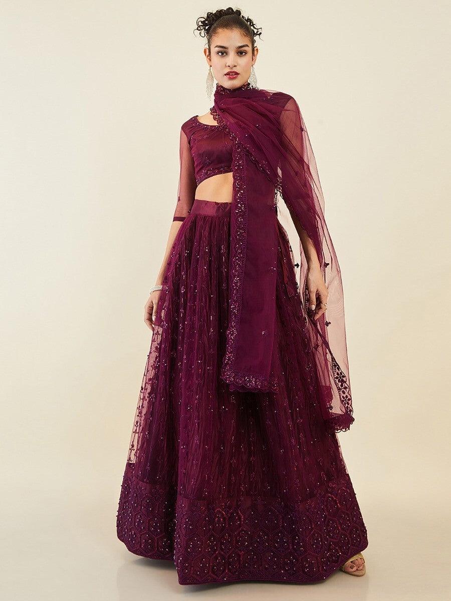 Wine Embroidered Net Wedding Wear Lehenga Choli With Dupatta