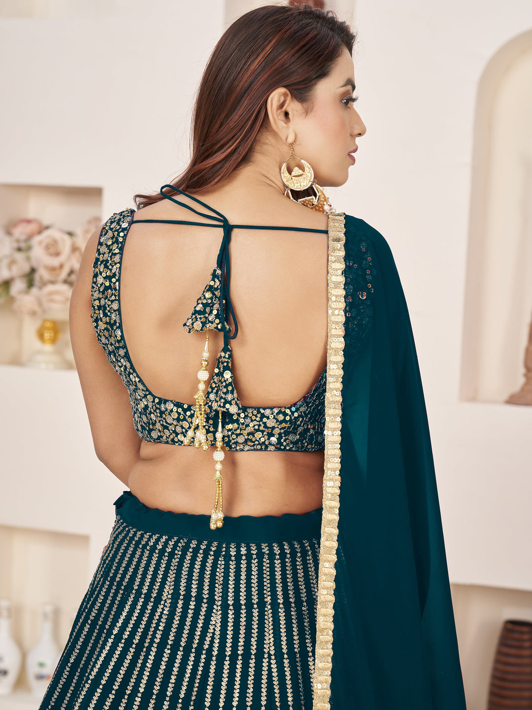 Green Sequins Georgette Engagement Wear Lehenga Choli
