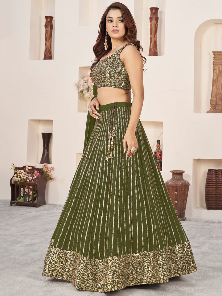Outstanding Green Sequins Georgette Mehendi Wear Lehenga Choli