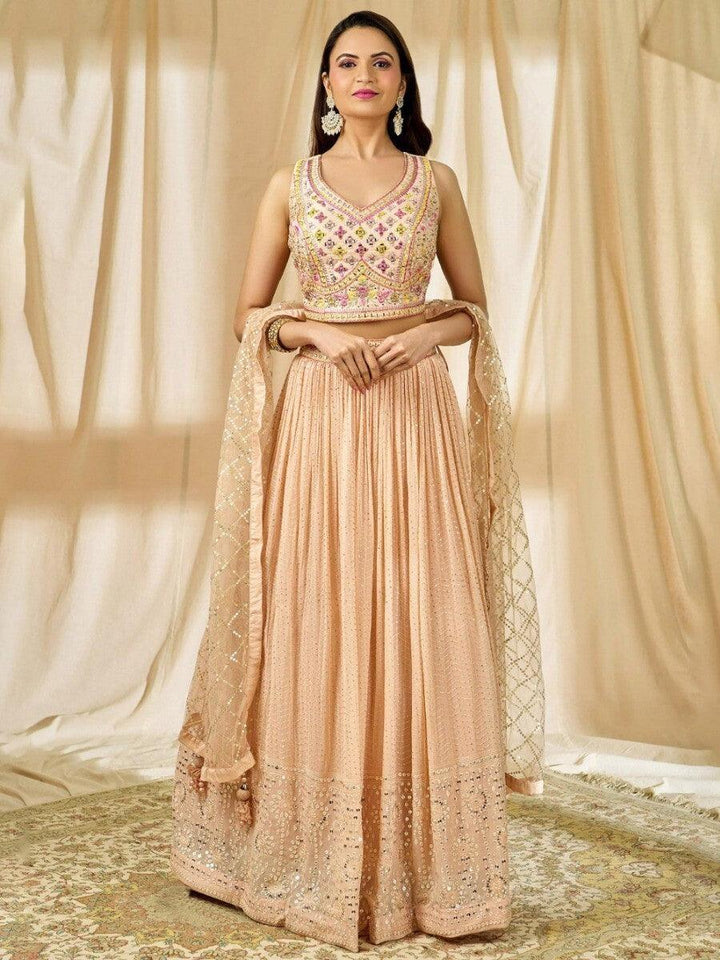 Fabulous Peach Thread Embroidered Georgette Reception Wear Lehenga Choli