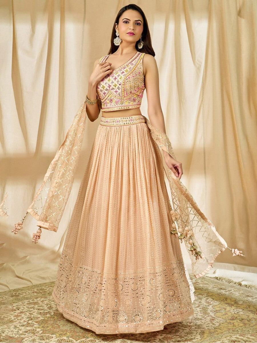 Peach Thread Embroidered Georgette Reception Wear Lehenga Choli