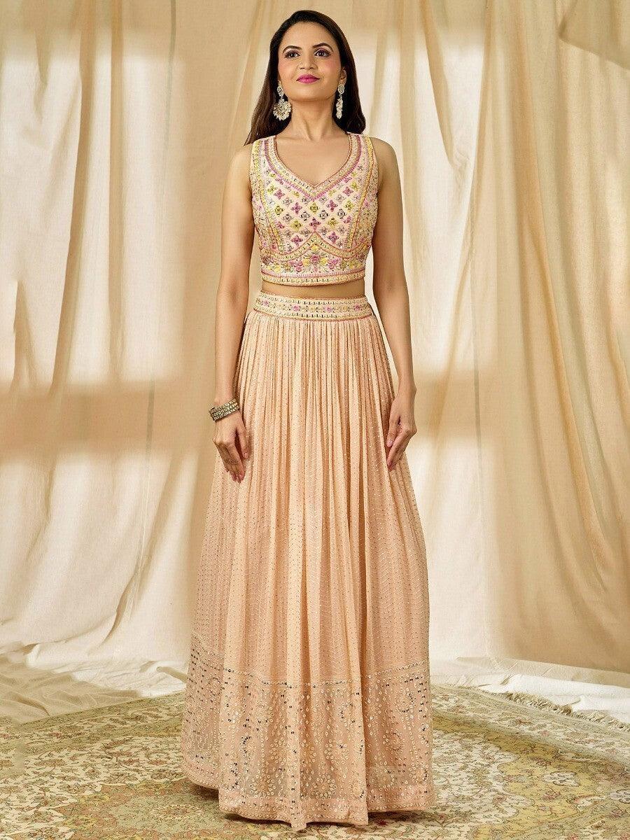 Fabulous Peach Thread Embroidered Georgette Reception Wear Lehenga Choli
