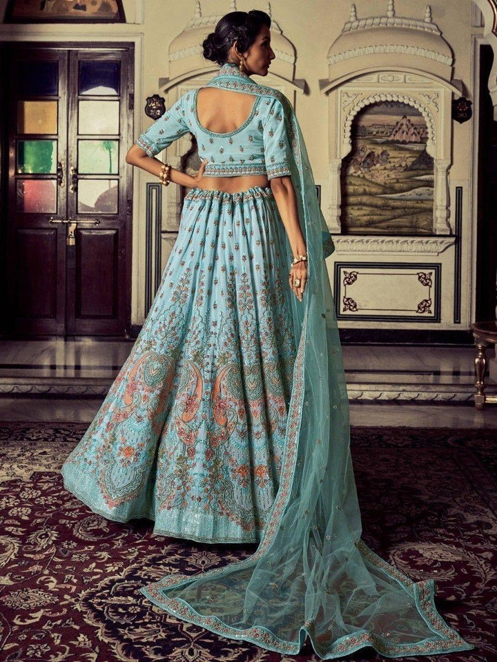 Alluring Turquoise Embroidered Georgette Wedding Lehenga Choli