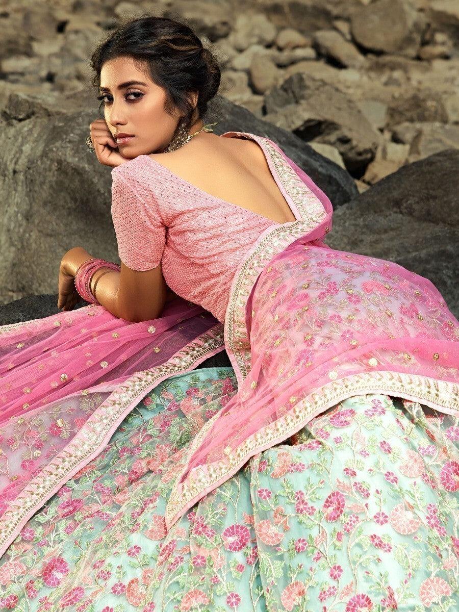 Green Floral Thread Embroidered Net Wedding Wear Lehenga Choli