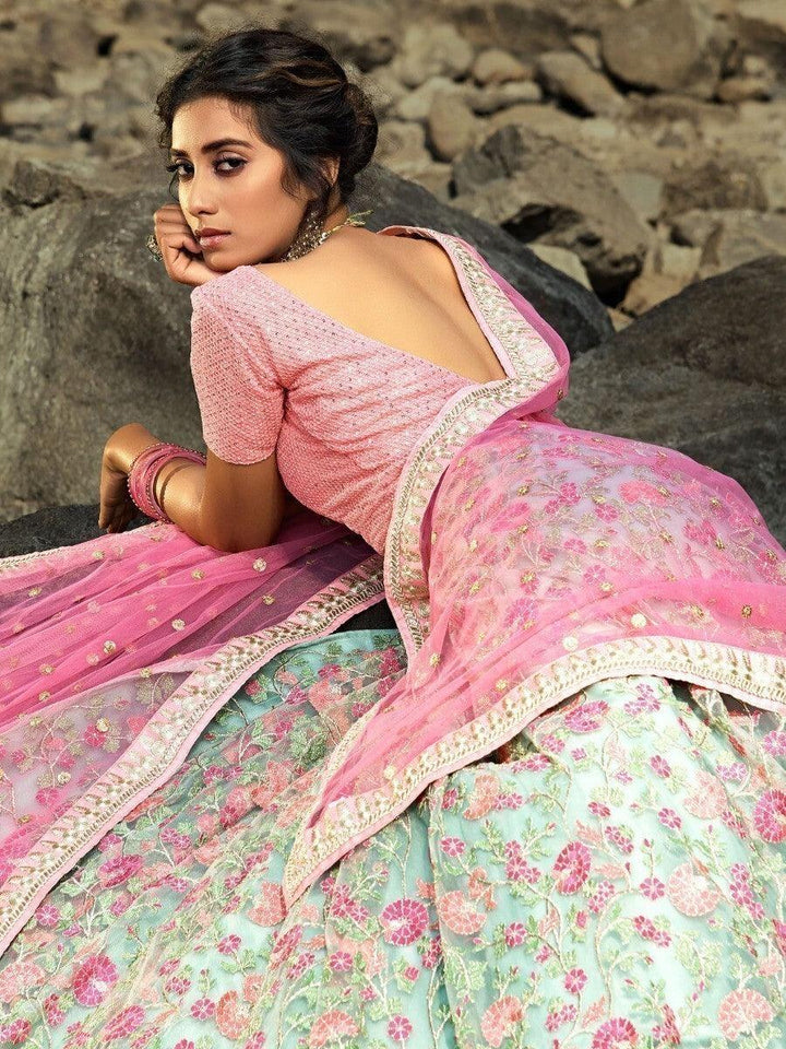 Green Floral Thread Embroidered Net Wedding Wear Lehenga Choli