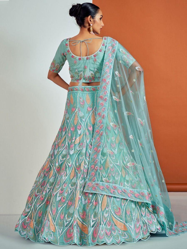 Charming Turquoise Sequin Soft Net Lehenga Choli With Dupatta