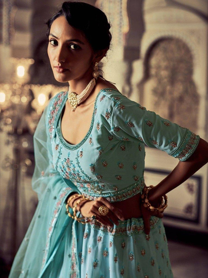 Alluring Turquoise Embroidered Georgette Wedding Lehenga Choli