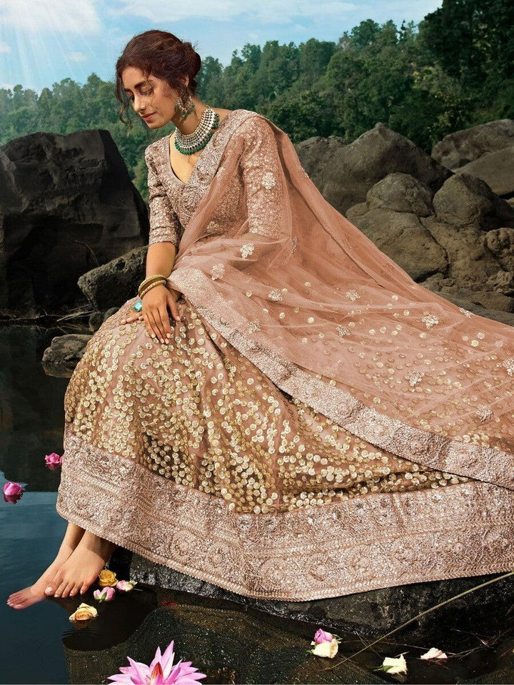 Brown Zari Worked Net Engagement Wear Lehenga Choli
