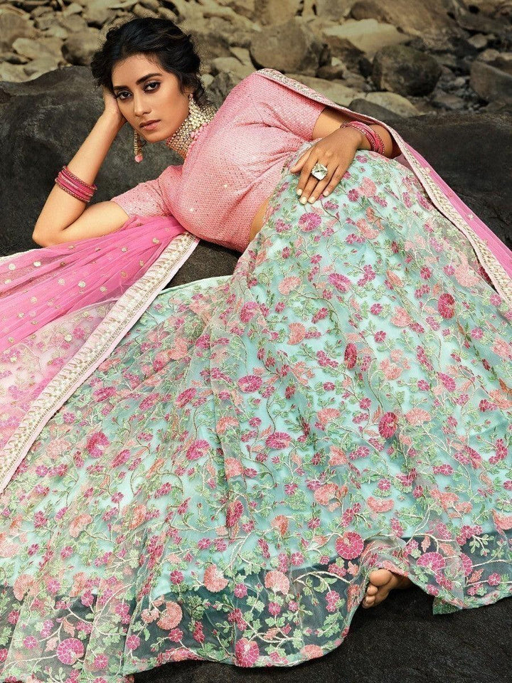 Green Floral Thread Embroidered Net Wedding Wear Lehenga Choli