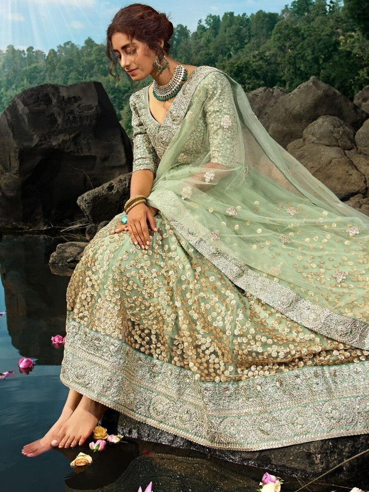 Green Sequins Net Reception Wear Lehenga Choli