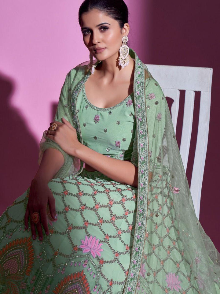 Pista Green Thread Georgette Wedding Wear Lehenga Choli