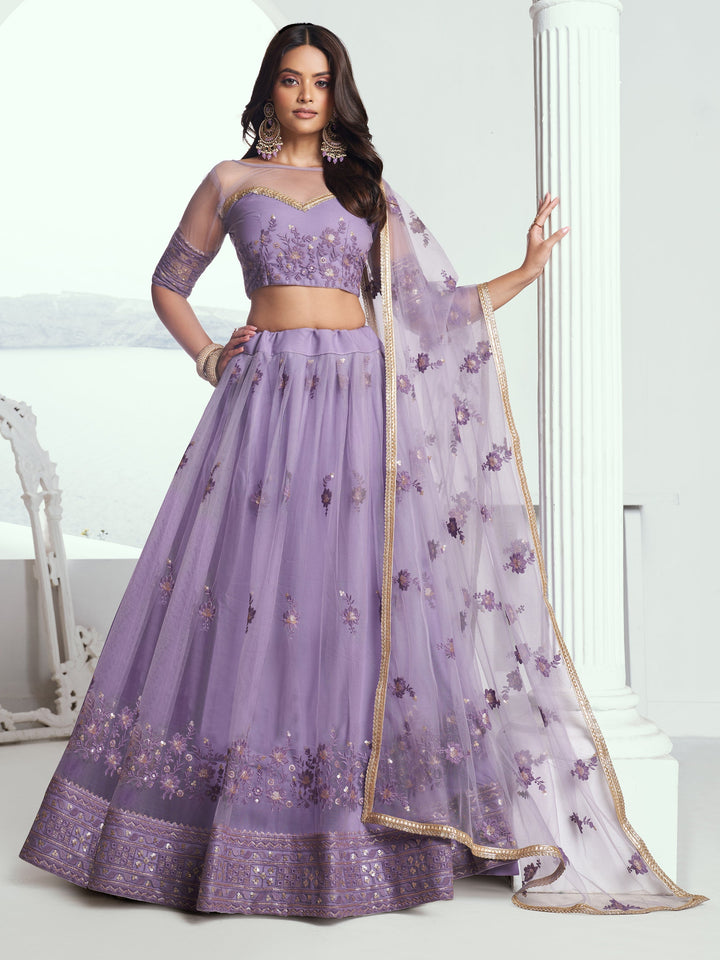 Lavender Sequins Net Bridesmaid Lehenga Choli With Dupatta