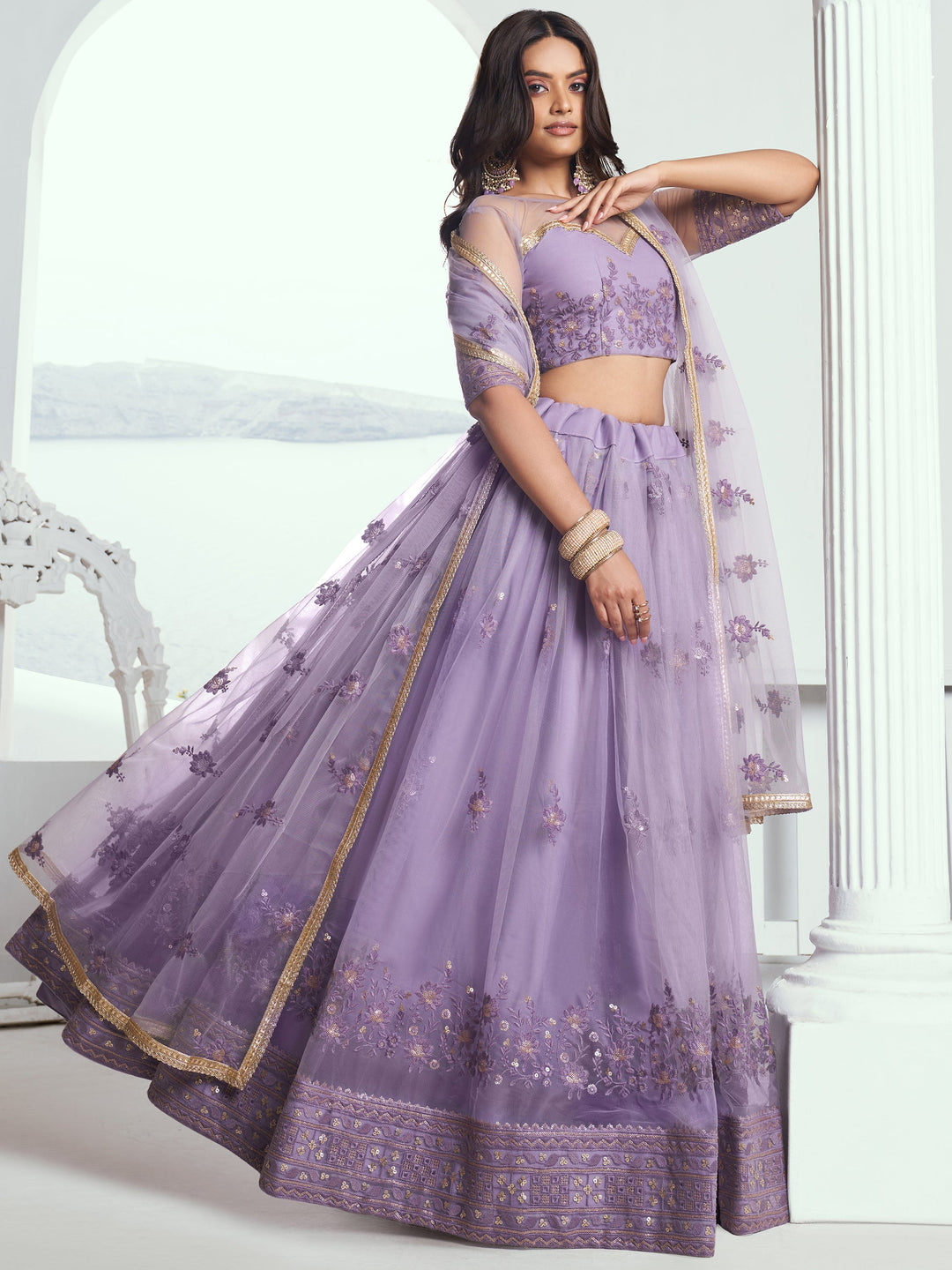 Lavender Sequins Net Bridesmaid Lehenga Choli With Dupatta