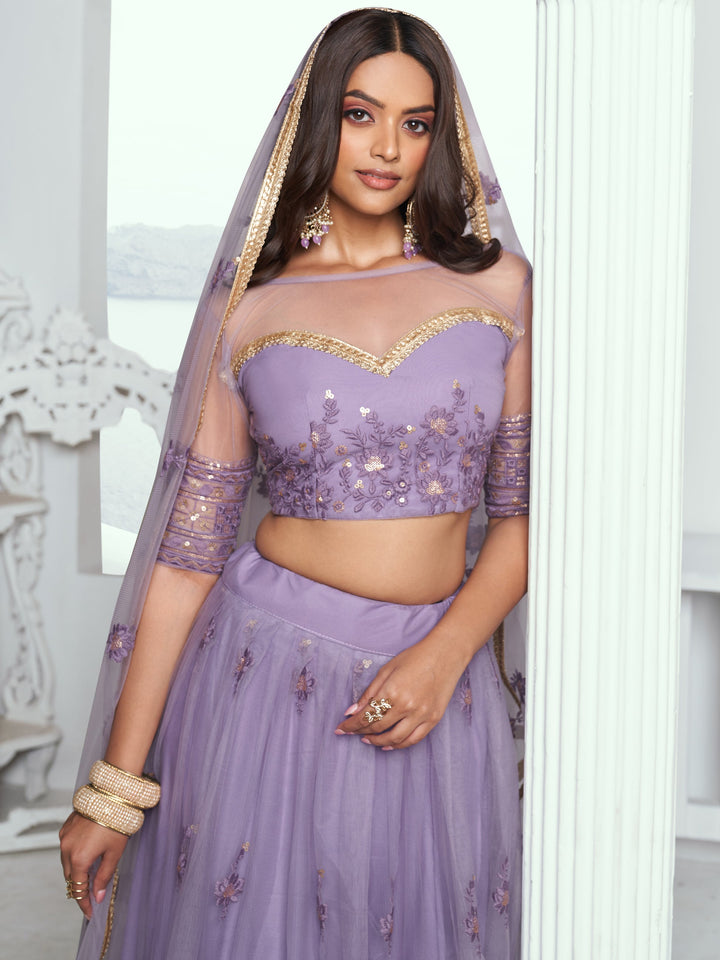 Lavender Sequins Net Bridesmaid Lehenga Choli With Dupatta