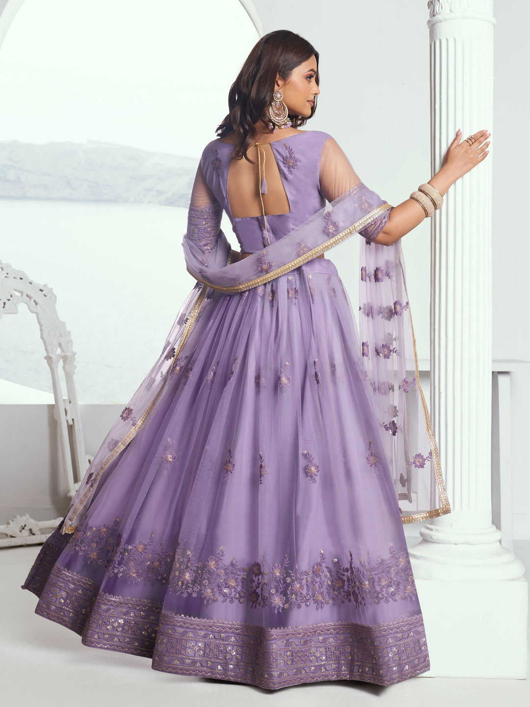 Lavender Sequins Net Bridesmaid Lehenga Choli With Dupatta