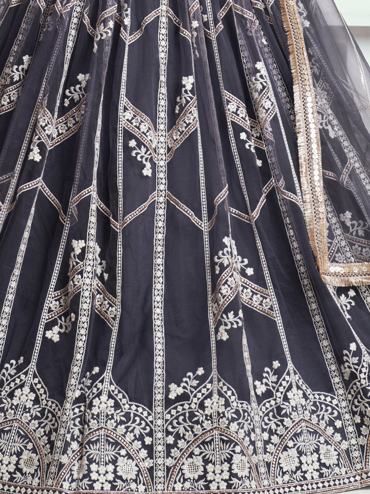 Dark Grey Embroidered Net Reception Wear Lehenga Choli